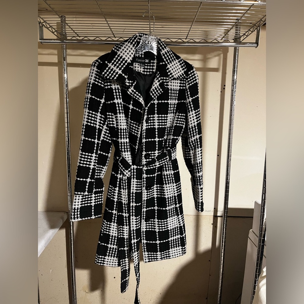 Tahari Black and White Checkered Trench Coat